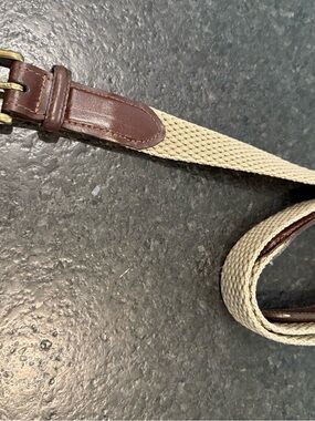 Men's Beige Woven, Canvas and Brown, Genuine Leather Belt with Brass Hardware.